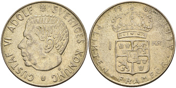 Швеция 1 крона 1964 U, Густав VI Адольф (1950-1973) KM 826 серебро 4582-432