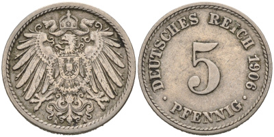 ГЕРМАНИЯ 5 ПФЕННИГОВ 1906 A, KM 11, J. 12 медно-никель 75-938
