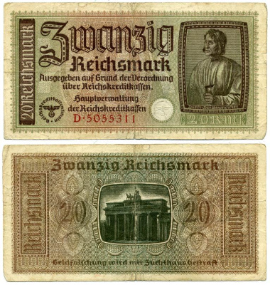ГЕРМАНИЯ 20 РЕЙХСМАРОК 1940-1945 ДЛЯ ОККУПИРОВАННЫХ ТЕРРИТОРИЙ Pick R139 бумага 3295-66-3