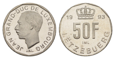 Люксембург 50 франков 1993 Великий герцог Жан (1964-2000), тираж 10.000 экземпляров KM 66 никель BU 4178-751
