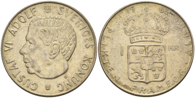 Швеция 1 крона 1964 U, Густав VI Адольф (1950-1973) KM 826 серебро 4582-432