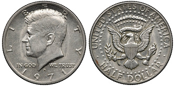 США 1/2 доллара (50 центов) 1971 D, Джон Кеннеди KM 202b медь плакированная медно-никелем 88-1146