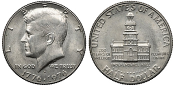 США 50 центов = 1/2 доллара 1976 D, 200 лет независимости, Джон Кеннеди KM 205 медь плакированная медно-никелем 88-1234