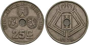 Бельгия 25 сантимов 1939 Belgique - Belgie KM 114 никель латунь 4382-144