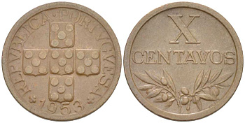 ПОРТУГАЛИЯ 10 СЕНТАВО 1953 KM 583 бронза VF-XF 4516-363