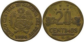 Перу 20 сентимо 1994 LIMA KM 306.1, Schon 105 латунь 4543-1012