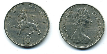 Великобритания 10 пенсов 1968 Елизавета II (1952-2022) KM 912, Spink 4231 (F1) медно-никель  4110-1123