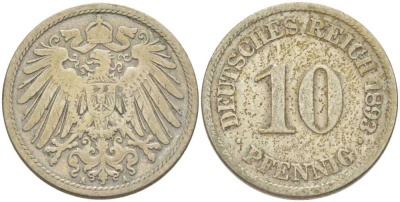 ГЕРМАНИЯ 10 ПФЕННИГОВ 1893 A KM 12, J. 13, Weege 8 медно-никель 261-1246
