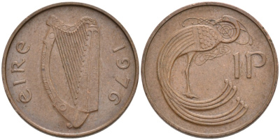 Ирландия 1 пенни 1976 птичка KM 20 бронза 92-146