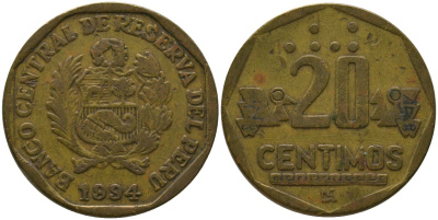 Перу 20 сентимо 1994 LIMA KM 306.1, Schon 105 латунь 4543-1012
