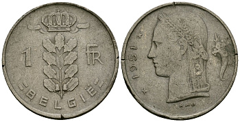 Бельгия 1 франк 1951 KM 143 медно-никель 4177-1035