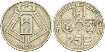 БЕЛЬГИЯ 25 САНТИМОВ 1938 BELGIQUE-BELGIE, ГЕРМАНСКАЯ ОККУПАЦИЯ, ВТОРАЯ МИРОВАЯ ВОЙНА KM 114.1 никель латунь 87-1545