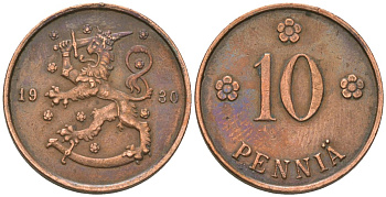 Финляндия 10 пенни 1930 KM 24 медь 4591-1114