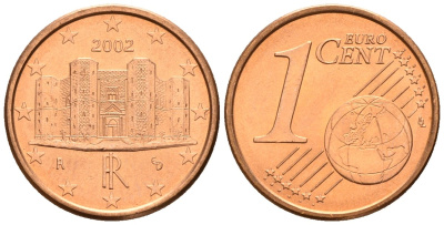 Италия 1 евроцент 2002 KM 210 сталь плакированная медью UNC 4147-733