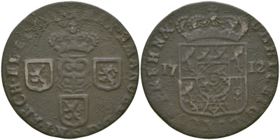 ИСПАНСКИЕ НИДЕРЛАНДЫ, НАМЮР (NAMUR) 1 ЛИАРД 1712 МАКСИМИЛЬЯН II ЭМАНУЭЛЬ БАВАРСКИЙ (1711-1714) KM 18 медь 65-823