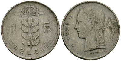 Бельгия 1 франк 1951 KM 143 медно-никель 4177-1035