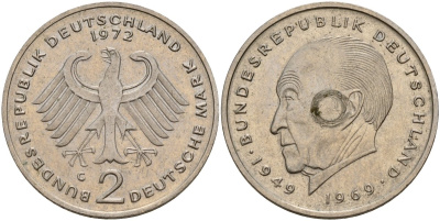 ФРГ 2 марки 1972 G, Конрад Аденауэр KM 124, J. 406 медно-никель плакированный никелем 4159-1221