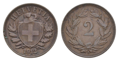 Швейцария 2 раппена 1912 B KM 4 бронза 4655-251