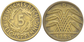 ГЕРМАНИЯ 5 РЕЙХСПФЕННИГОВ 1925 D KM 39, J. 316, Weege 7 алюминиевая бронза 206-768