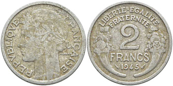ФРАНЦИЯ 2 ФРАНКА 1945 KM 886a.1, LE FRANC 269.5 алюминий 109-1224