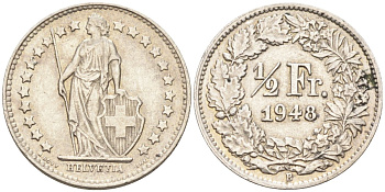 Швейцария 1/2 франка 1948 В KM 23 серебро 98-1242
