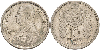 Монако 10 франков 1946 Луи II (1922-1949) KM 123 медно-никель 190-553