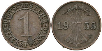 Германия 1 рейхспфенниг 1933 A KM 37, J. 313 бронза 4189-1166