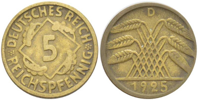 ГЕРМАНИЯ 5 РЕЙХСПФЕННИГОВ 1925 D KM 39, J. 316, Weege 7 алюминиевая бронза 206-768