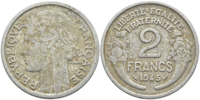 Франция 2 франка 1945 KM 886a.1, LE FRANC 269.5 алюминий 4112-624