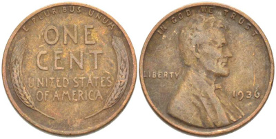 США 1 ЦЕНТ 1936 ЛИНКОЛЬН KM 132 бронза 3309-433