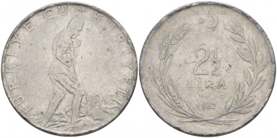 ТУРЦИЯ 2 1/2 ЛИРЫ 1962 KM 893.1 сталь 4179-123