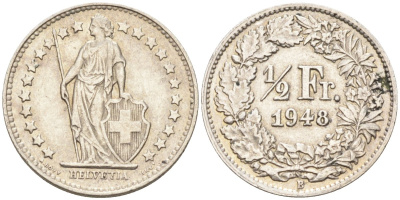 Швейцария 1/2 франка 1948 В KM 23 серебро 98-1242