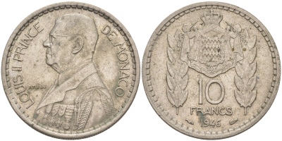 Монако 10 франков 1946 Луи II (1922-1949) KM 123 медно-никель 190-553