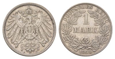 Германия 1 марка 1909 A, Вильгельм II (1888-1918) KM 14, J. 17 серебро 4626-214