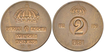 Швеция 2 эре 1957 TS, Густав VI Адольф (1950-1973) KM 821 бронза 4513-1253