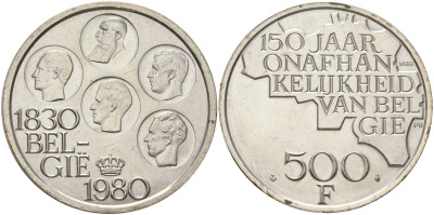 Бельгия 500 франков 1980 150 лет независимости, BELGI?, Бодуэн I (1951-1993) KM 162, LA BFM-215, Mor 801, Schoen129 медно-никель плакированный серебром 4552-821