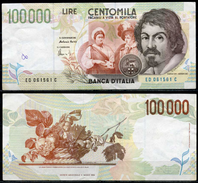 Италия 100000 лир 1994 Караваджо, фруктовая корзина, Fazio, Amici Pick 117 b  бумага   8615-12-1-1
