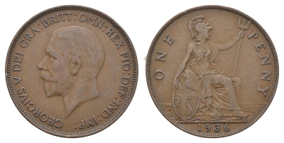 Великобритания 1 пенни 1936 Георг V (1910-1936) KM 838, Spink 4055 бронза 4661-741