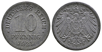 ГЕРМАНИЯ 10 ПФЕННИГОВ 1921 KM 26, J. 299 цинк 4380-226