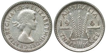 Австралия 3 пенса 1961 m, Елизавета II (1952-2022) KM 57 серебро 71-748