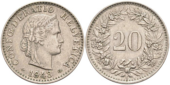 ШВЕЙЦАРИЯ 20 РАППЕНОВ 1943 В KM 29a медно-никель 55-712