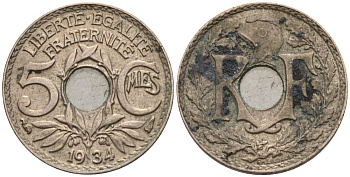 Франция 5 сантимов 1934 KM 875 медно-никель 4596-625