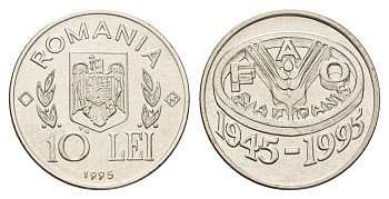 Румыния 10 леев 1995 N, 50 лет продовольственной программе - ФАО KM 117 сталь плакировнная никелем BU 11-264-16