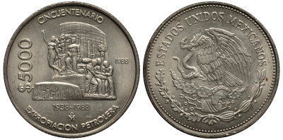 Мексика 5000 песо 1988 Мо, 50 лет национализации нефтяной промышленности, монумент нефтяникам KM 531 медно-никель 118-1021