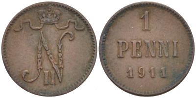 Россия для Финляндии 1 пенни 1911 Николай II (1894-1917) KM 13, Биткин 471 медь 4396-1355