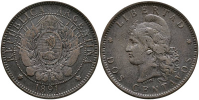 Аргентина 2 сентаво 1891 голова свободы влево KM 8 бронза 4531-1021