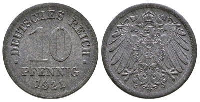 ГЕРМАНИЯ 10 ПФЕННИГОВ 1921 KM 26, J. 299 цинк 4380-226