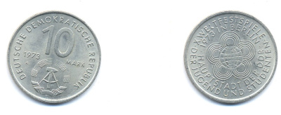 ГДР 10 марок 1973 A, фестиваль молодежи и студентов 1973 года в Берлине KM 44, J. 1545 медно-никель 3333-146