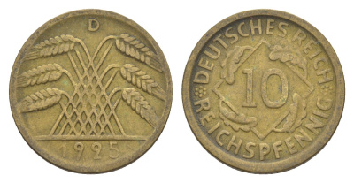 Германия 10 рейхспфеннигов 1925 D KM 40, J. 317 алюминиевая бронза 4640-358