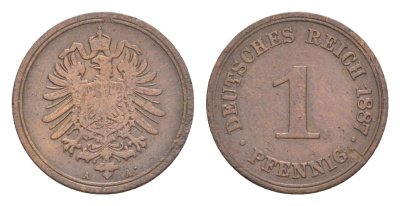 Германия 1 пфенниг 1887 A, Вильгельм I (1871-1888) KM 1, J. 1 медь 4639-1064